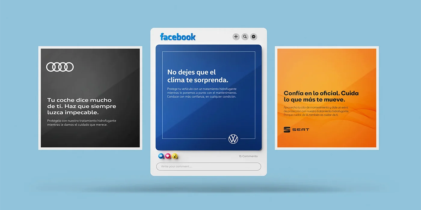 Facebook carousel ad mockup designed for a car service water repellent treatment, showcasing digital marketing variations for Audi, Volkswagen, and SEAT brands.