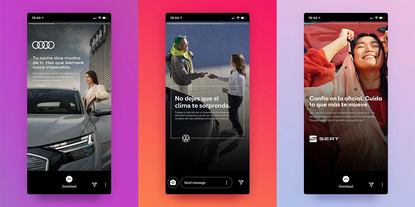 Smartphone mockups showing vertical social media story designs for Audi, Volkswagen, and SEAT, advertising an anti-rain car treatment.