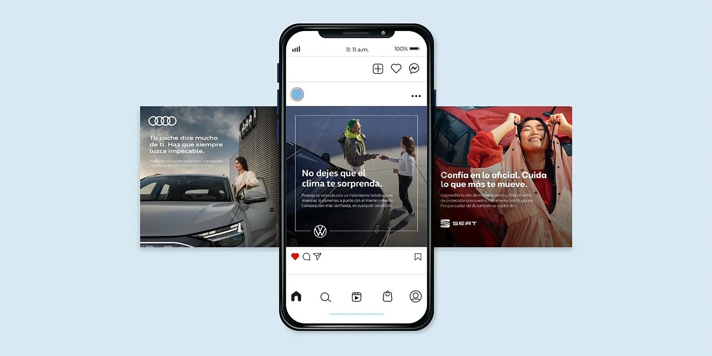Graphic design mockup of an Instagram feed carousel for an automotive water repellent treatment campaign, featuring social media ads for Audi, Volkswagen, and SEAT.