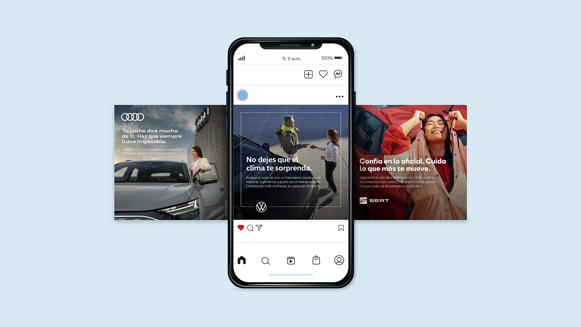 Graphic design mockup of an Instagram feed carousel for an automotive water repellent treatment campaign, featuring social media ads for Audi, Volkswagen, and SEAT.