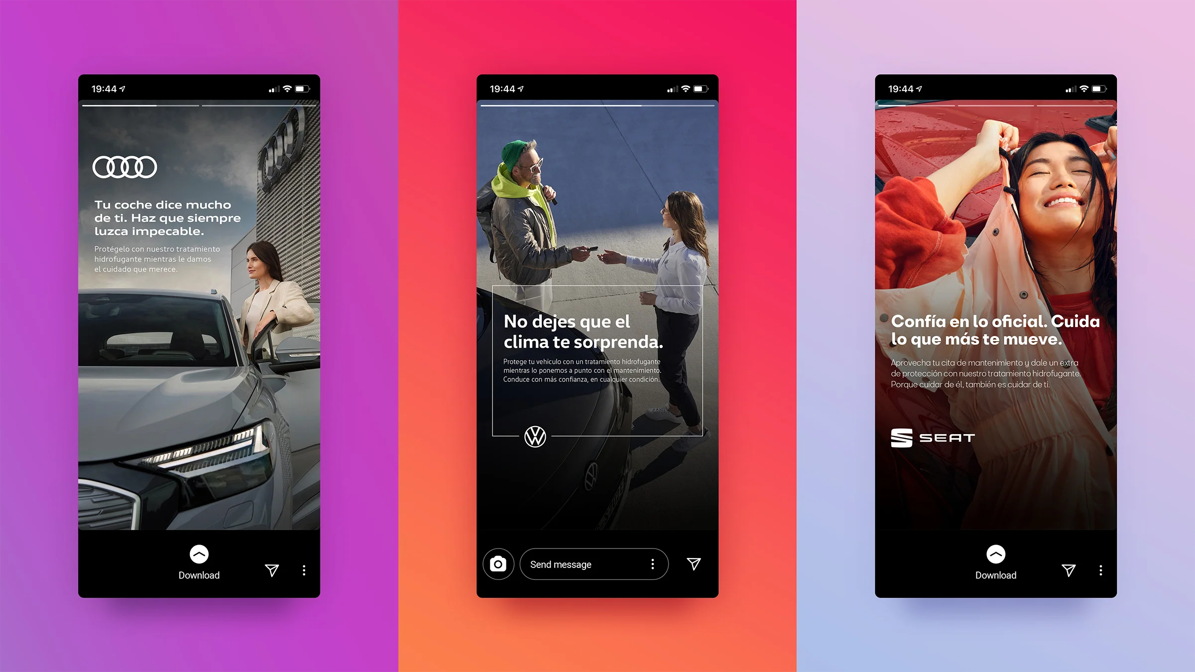 Smartphone mockups showing vertical social media story designs for Audi, Volkswagen, and SEAT, advertising an anti-rain car treatment.