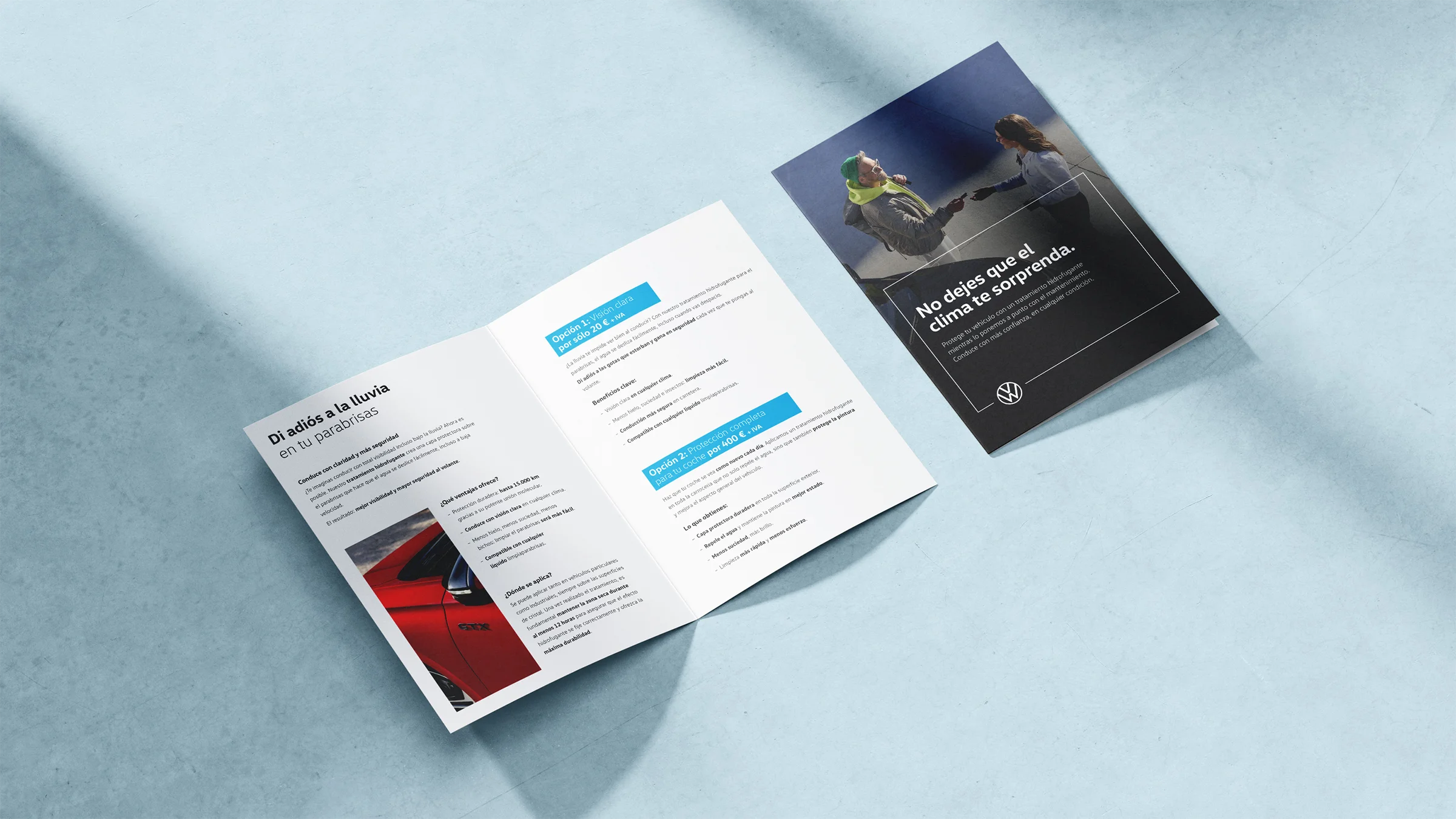 Open and closed bi-fold printed brochure mockup detailing pricing and options for an automotive water repellent windshield treatment.