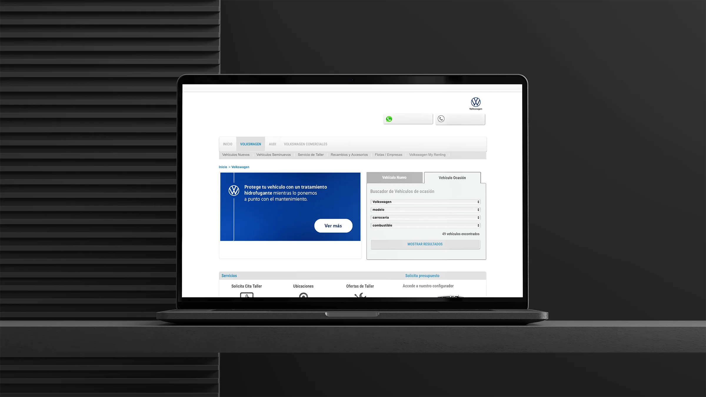 Laptop mockup displaying a custom website banner design for a Volkswagen car service promotion advertising a rain repellent treatment.