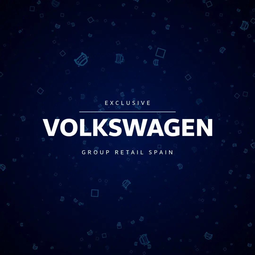 Digital animation frame illustrating the Volkswagen Group vehicle trade-in process with stylized graphics.